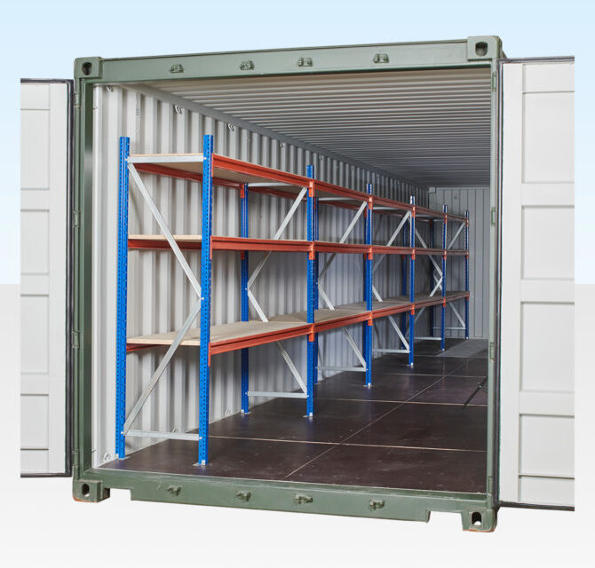 Adjustable, Heavy Duty Three Tier Container Racking (5 Bays)